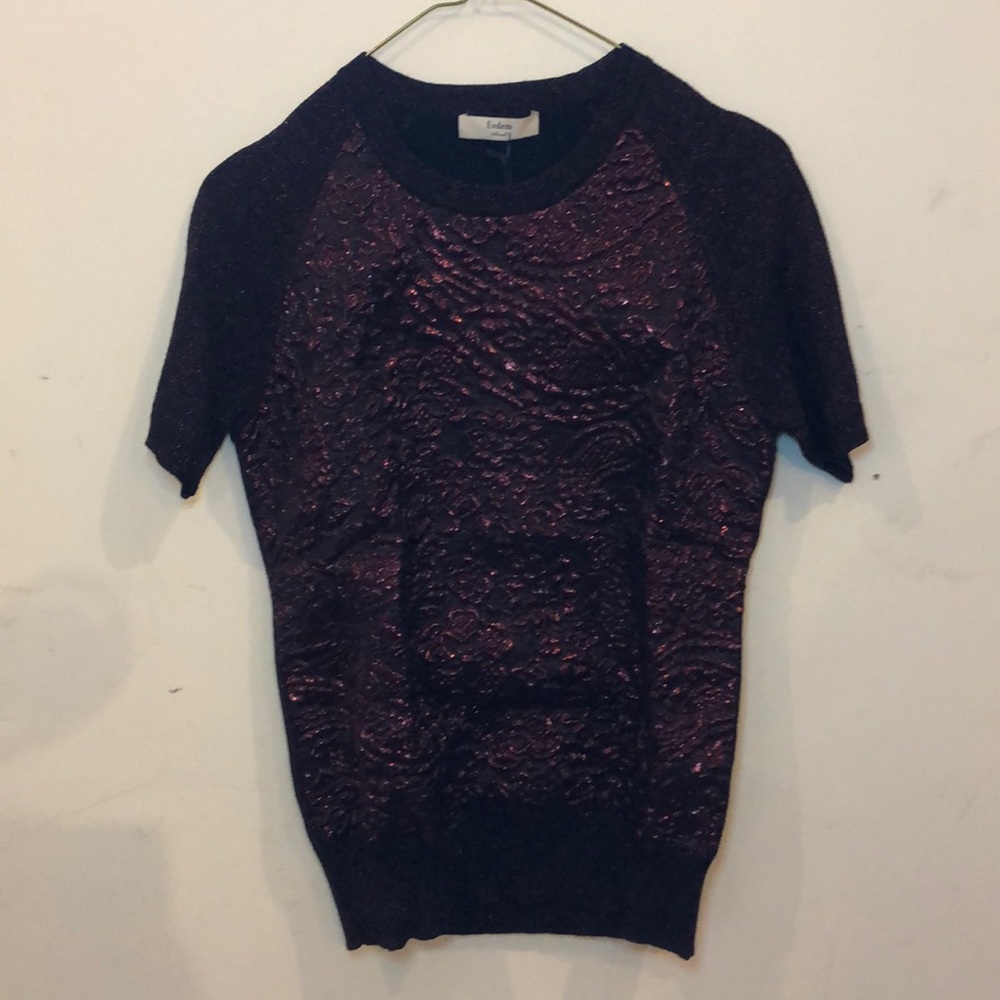 Erdem short sleeve silk + cashmere metallic top.